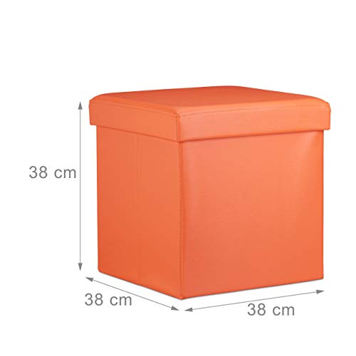 Relaxdays Puff Almacenaje Cuadrado con Tapa, Piel Sintética, Naranja, 38 x 38 x 38 cm
