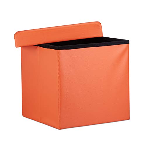 Relaxdays Puff Almacenaje Cuadrado con Tapa, Piel Sintética, Naranja, 38 x 38 x 38 cm