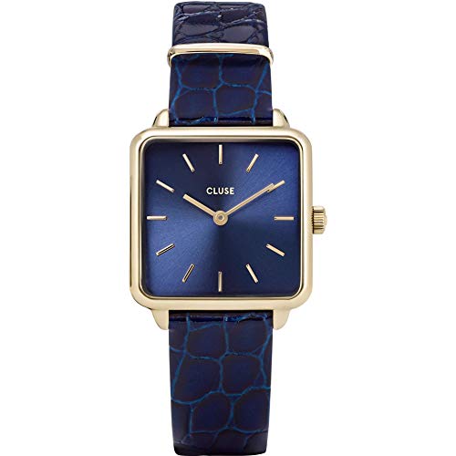 Reloj Cluse La Tétragone Cuadrado Azul y Dorado con Correa de Cuero