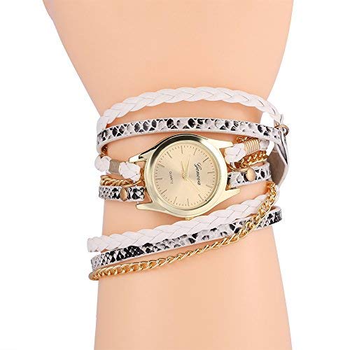 Reloj de pulsera para mujer, reloj de pulsera de cuarzo analógico con correa de cuero, reloj colgante trenzado vintage, reloj de abrigo para mujer, reloj pulsera con brazalete, reloj(blanco)