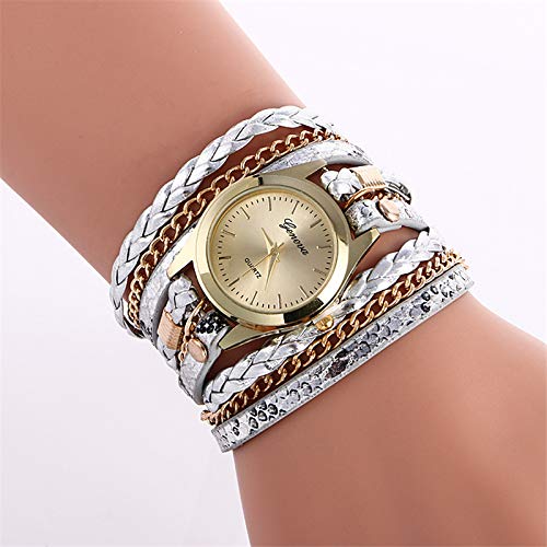 Reloj de pulsera para mujer, reloj de pulsera de cuarzo analógico con correa de cuero, reloj colgante trenzado vintage, reloj de abrigo para mujer, reloj pulsera con brazalete, reloj(blanco)