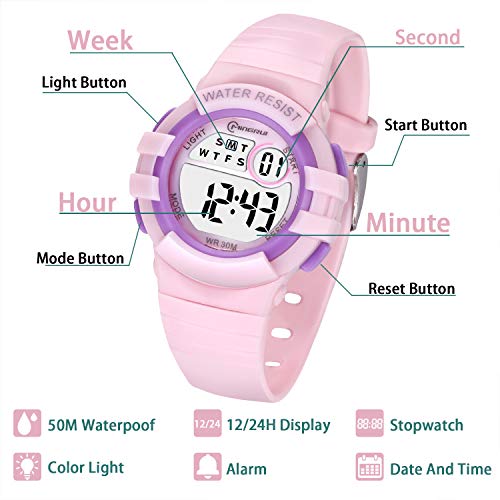 Reloj Digital Deportivo para Niños, Reloj de Pulsera Niña Multifunción con Pantalla LED Impermeable para Niños, Niñas Reloj Infantil Aprendizaje para Niños 4-15 Años (Rosa)