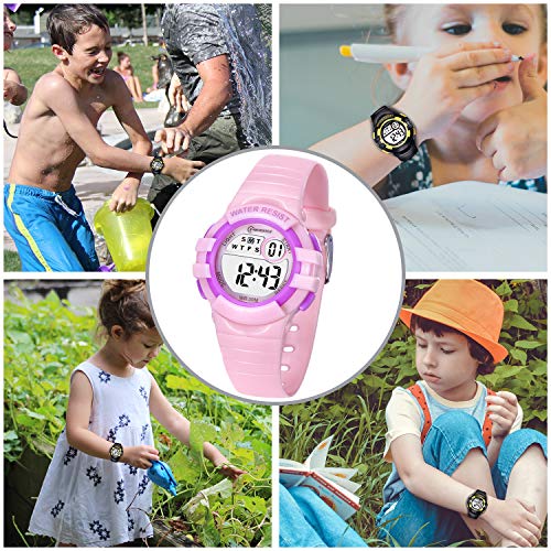 Reloj Digital Deportivo para Niños, Reloj de Pulsera Niña Multifunción con Pantalla LED Impermeable para Niños, Niñas Reloj Infantil Aprendizaje para Niños 4-15 Años (Rosa)