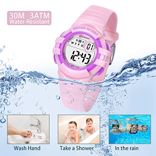 Reloj Digital Deportivo para Niños, Reloj de Pulsera Niña Multifunción con Pantalla LED Impermeable para Niños, Niñas Reloj Infantil Aprendizaje para Niños 4-15 Años (Rosa)