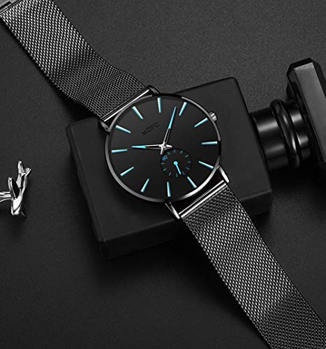 Reloj Impermeable para Hombre de Acero Inoxidable de Color Negro con un diseño Ultra-Delgado y Casual. (Azul)