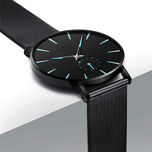 Reloj Impermeable para Hombre de Acero Inoxidable de Color Negro con un diseño Ultra-Delgado y Casual. (Azul)