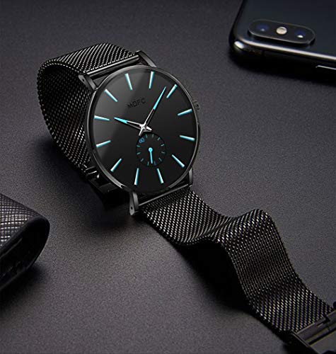 Reloj Impermeable para Hombre de Acero Inoxidable de Color Negro con un diseño Ultra-Delgado y Casual. (Azul)