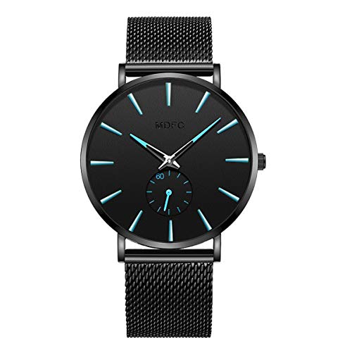 Reloj Impermeable para Hombre de Acero Inoxidable de Color Negro con un diseño Ultra-Delgado y Casual. (Azul)
