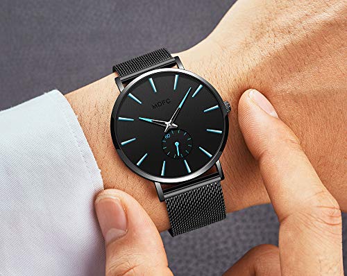 Reloj Impermeable para Hombre de Acero Inoxidable de Color Negro con un diseño Ultra-Delgado y Casual. (Azul)