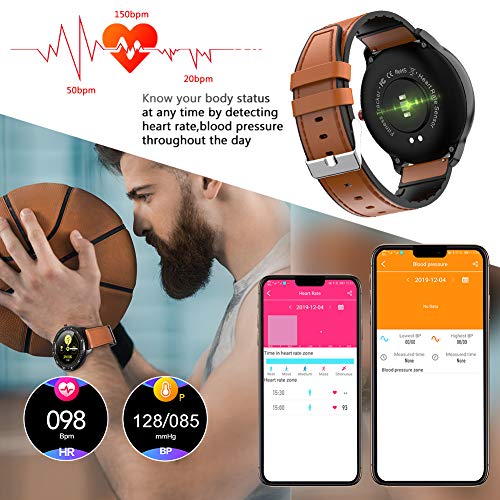 Reloj Inteligente, rastreador de Actividad física con frecuencia cardíaca, Pantalla a Color, podómetro Bluetooth Smartwatch, notificación de Llamadas por para iOS y Android (Marrón)