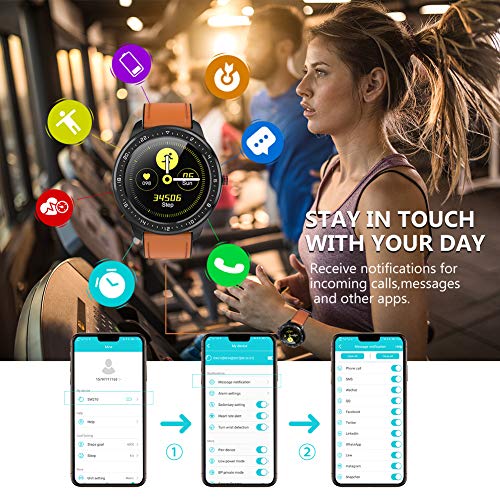 Reloj Inteligente, rastreador de Actividad física con frecuencia cardíaca, Pantalla a Color, podómetro Bluetooth Smartwatch, notificación de Llamadas por para iOS y Android (Marrón)