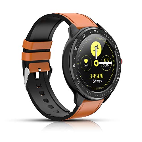 Reloj Inteligente, rastreador de Actividad física con frecuencia cardíaca, Pantalla a Color, podómetro Bluetooth Smartwatch, notificación de Llamadas por para iOS y Android (Marrón)