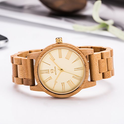 Reloj Madera Hombre, MUJUZE Cuarzo Japonés Casual Relojes de Madera de Bambú,Embalado en Caja de Regalo, Regalo Idea