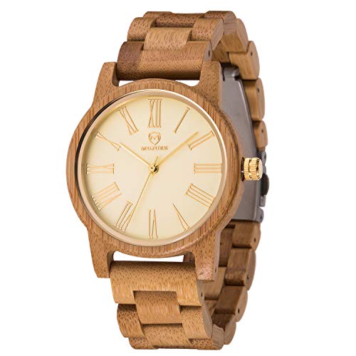Reloj Madera Hombre, MUJUZE Cuarzo Japonés Casual Relojes de Madera de Bambú,Embalado en Caja de Regalo, Regalo Idea