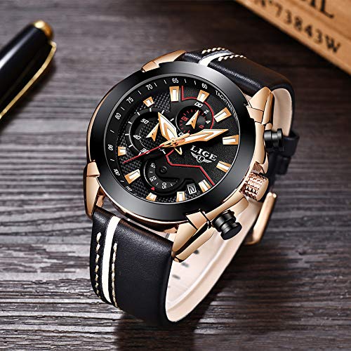 Reloj para Hombres, Relojes Deportivo de Cuarzo analógico Impermeable para Hombre Relojes LIGE Lujoso Cronógrafo para Hombre, Moda Casual Reloj Redondo Negro Fecha