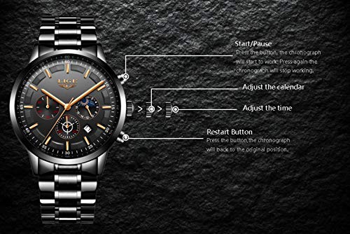 Relojes De Pulsera,Personalidad Tendencia Moda Casual Impermeable Fase Lunar Reloj De Cuarzo Reloj Deportivo De Negocios Malla con Oro Negro