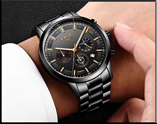 Relojes De Pulsera,Personalidad Tendencia Moda Casual Impermeable Fase Lunar Reloj De Cuarzo Reloj Deportivo De Negocios Malla con Oro Negro