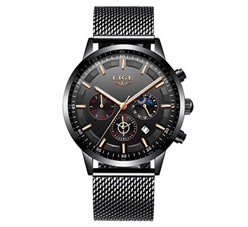 Relojes De Pulsera,Personalidad Tendencia Moda Casual Impermeable Fase Lunar Reloj De Cuarzo Reloj Deportivo De Negocios Malla con Oro Negro