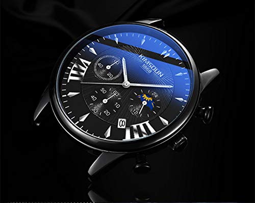 Relojes De Pulsera,Reloj De Cuarzo Resistente Al Agua Multifuncional Reloj De Estrella De Fase Lunar, Correa De Malla Blanca Concha Negra