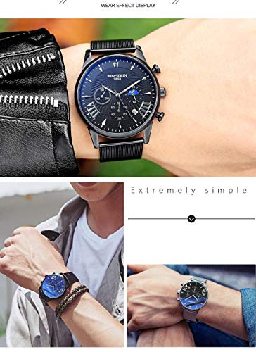 Relojes De Pulsera,Reloj De Cuarzo Resistente Al Agua Multifuncional Reloj De Estrella De Fase Lunar, Correa De Malla Blanca Concha Negra