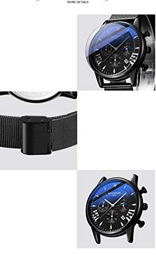 Relojes De Pulsera,Reloj De Cuarzo Resistente Al Agua Multifuncional Reloj De Estrella De Fase Lunar, Correa De Malla Blanca Concha Negra