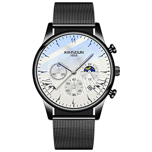Relojes De Pulsera,Reloj De Cuarzo Resistente Al Agua Multifuncional Reloj De Estrella De Fase Lunar, Correa De Malla Blanca Concha Negra