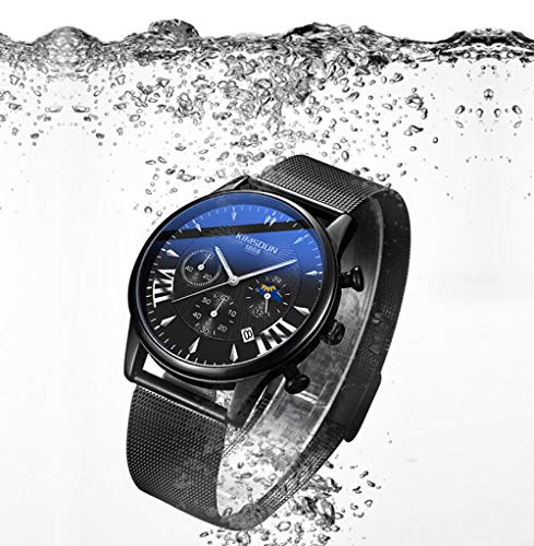 Relojes De Pulsera,Reloj De Cuarzo Resistente Al Agua Multifuncional Reloj De Estrella De Fase Lunar, Correa De Malla Blanca Concha Negra