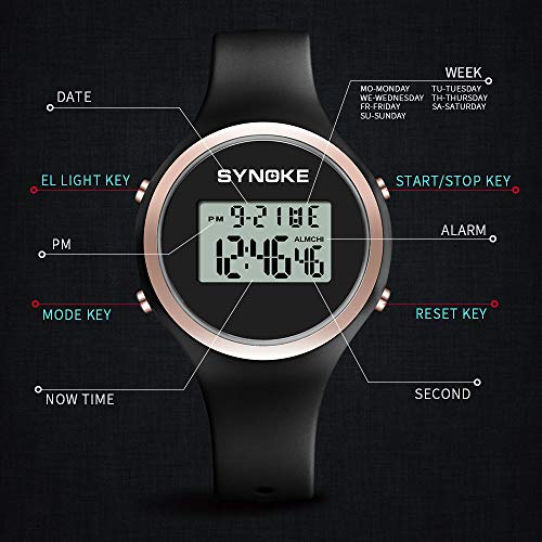 Relojes Digital Deportivo Multifunción Relojes Calendario Alarma Relojes Silicona para Mujeres Niñas, Negro