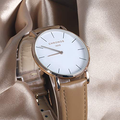 Relojes Mujer y Hombre Ultradelgado Cuero Clásico, Camello