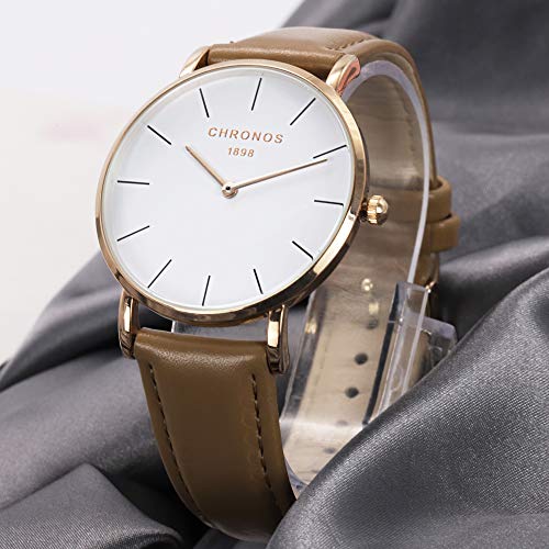 Relojes Mujer y Hombre Ultradelgado Cuero Clásico, Camello