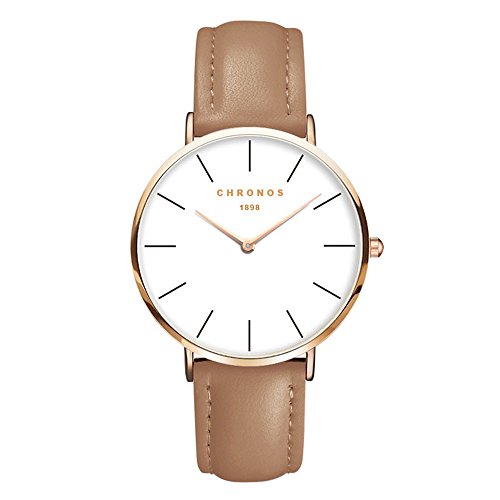 Relojes Mujer y Hombre Ultradelgado Cuero Clásico, Camello