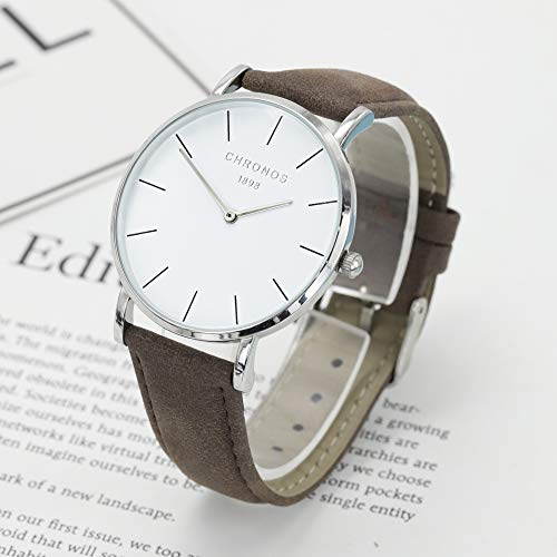 Relojes Mujer y Hombre Ultradelgado Cuero Clásico, Marrón-Plata