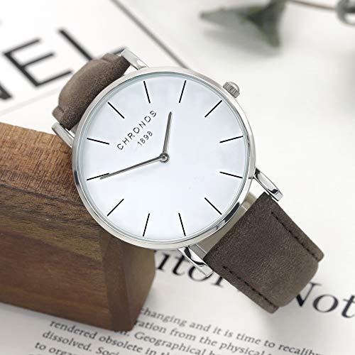 Relojes Mujer y Hombre Ultradelgado Cuero Clásico, Marrón-Plata