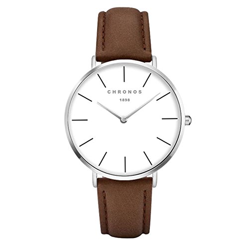 Relojes Mujer y Hombre Ultradelgado Cuero Clásico, Marrón-Plata