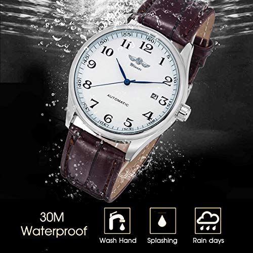 relojes para hombre, reloj mecánico blanco Dial azul manos PU banda auto-viento hombres estándar