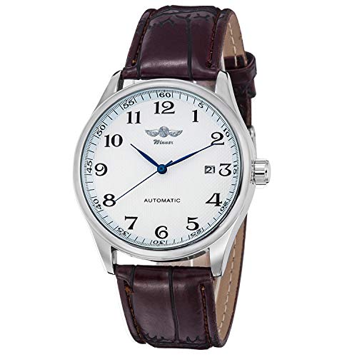 relojes para hombre, reloj mecánico blanco Dial azul manos PU banda auto-viento hombres estándar