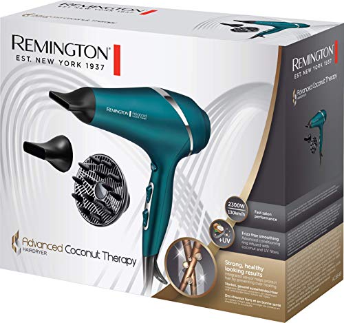 Remington Advanced Coconut Therapy AC8648 - Secador de Pelo, Secador Iónico, 2 Concentradores y 1 Difusor, 2300 W, Azul