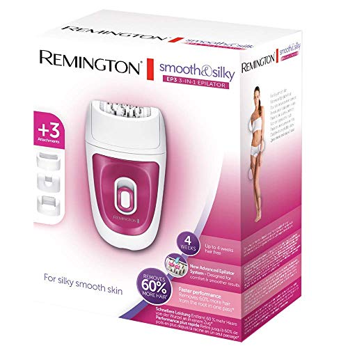 Remington EP3 EP7300 - Depiladora eléctrica femenina, 3 accesorios, 40 pinzas, tecnología masajeadora, color blanco y rosa