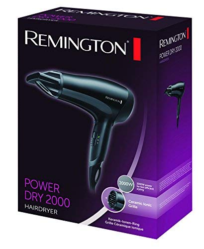 Remington Power Dry D3010 Secador de Pelo, Secador Iónico, Cerámica Antiestática, Concentrador, 2000 W, Negro, Función Eco