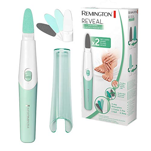 Remington Reveal MAN1000 - Set Manicura y Pedicura Eléctrico, 4 Limas para Manicura y Pedicura, 2 Velocidades, Blanco y Verde