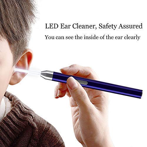 Removedor de Cera de Oído - Limpiador de oídos, limpia oidos cera - Led Flash Earpick con carga USB - Cera del oído Cureta Kit para Adultos Bebés para niños mayores - Azul