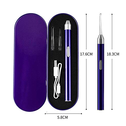 Removedor de Cera de Oído - Limpiador de oídos, limpia oidos cera - Led Flash Earpick con carga USB - Cera del oído Cureta Kit para Adultos Bebés para niños mayores - Azul