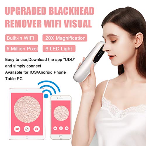 Removedor de vacío de espinillas con cámara, Limpiador de poros visual Extractor de acné facial de succión eléctrica recargable, 5.0M Píxeles 20X Aumento, Teléfono Pantalla en tiempo real 1080P