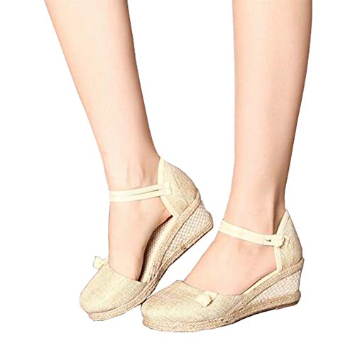 Rengzun Mujer Cuña Alpargatas Sandalias Verano Transpirable Zapatos Correa de Tobillo Zapatillas Sandals Elegante Beige