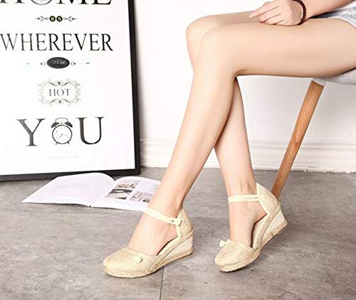 Rengzun Mujer Cuña Alpargatas Sandalias Verano Transpirable Zapatos Correa de Tobillo Zapatillas Sandals Elegante Beige
