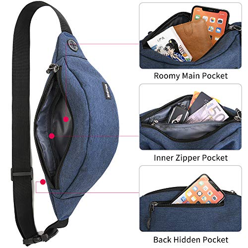 Resistente al Agua riñonera Bolsa de Cintura 4 Bolsillos con Cremallera Bolsa riñonera de Viaje Senderismo al Aire Libre Deporte Vacaciones Dinero Bolsa de Cadera Paquete (Azul Marino)