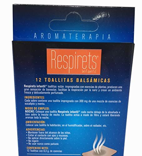 RESPIRETS confort respiratorio 12 toallitas infantiles aromáticas balsámicas, facilitan la respiración por la nariz, suavizan la garganta y calman la tos