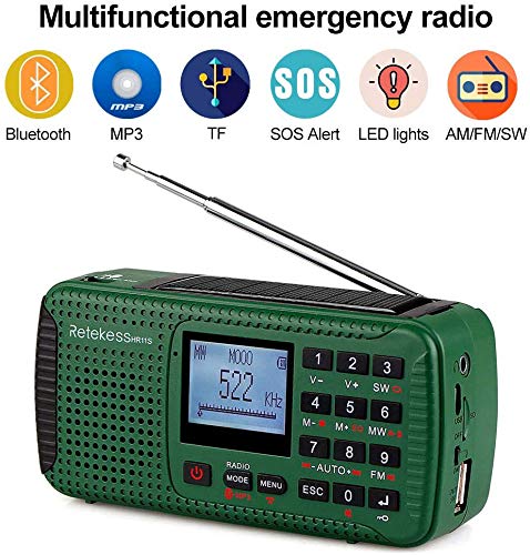 Retekess HR11S Radio Portátil Radio de Emergencia AM / FM / SW Camping Radio Radio Solar con Reloj Despertador Temporizador MP3 Reproductor Linterna Registrador SOS con Manivela (Verde)