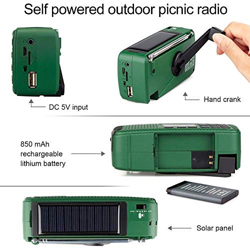 Retekess HR11S Radio Portátil Radio de Emergencia AM / FM / SW Camping Radio Radio Solar con Reloj Despertador Temporizador MP3 Reproductor Linterna Registrador SOS con Manivela (Verde)