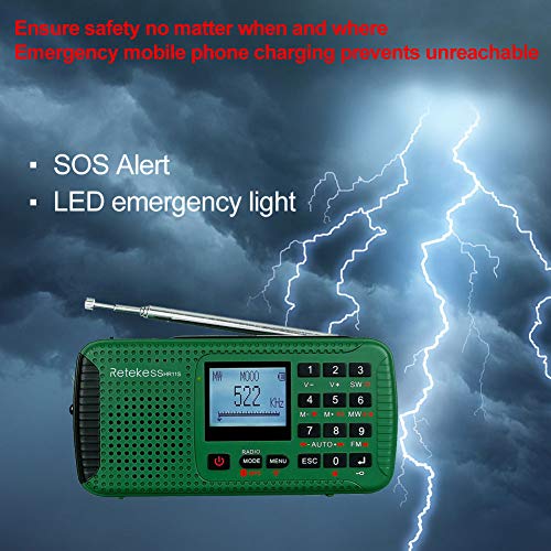 Retekess HR11S Radio Portátil Radio de Emergencia AM / FM / SW Camping Radio Radio Solar con Reloj Despertador Temporizador MP3 Reproductor Linterna Registrador SOS con Manivela (Verde)